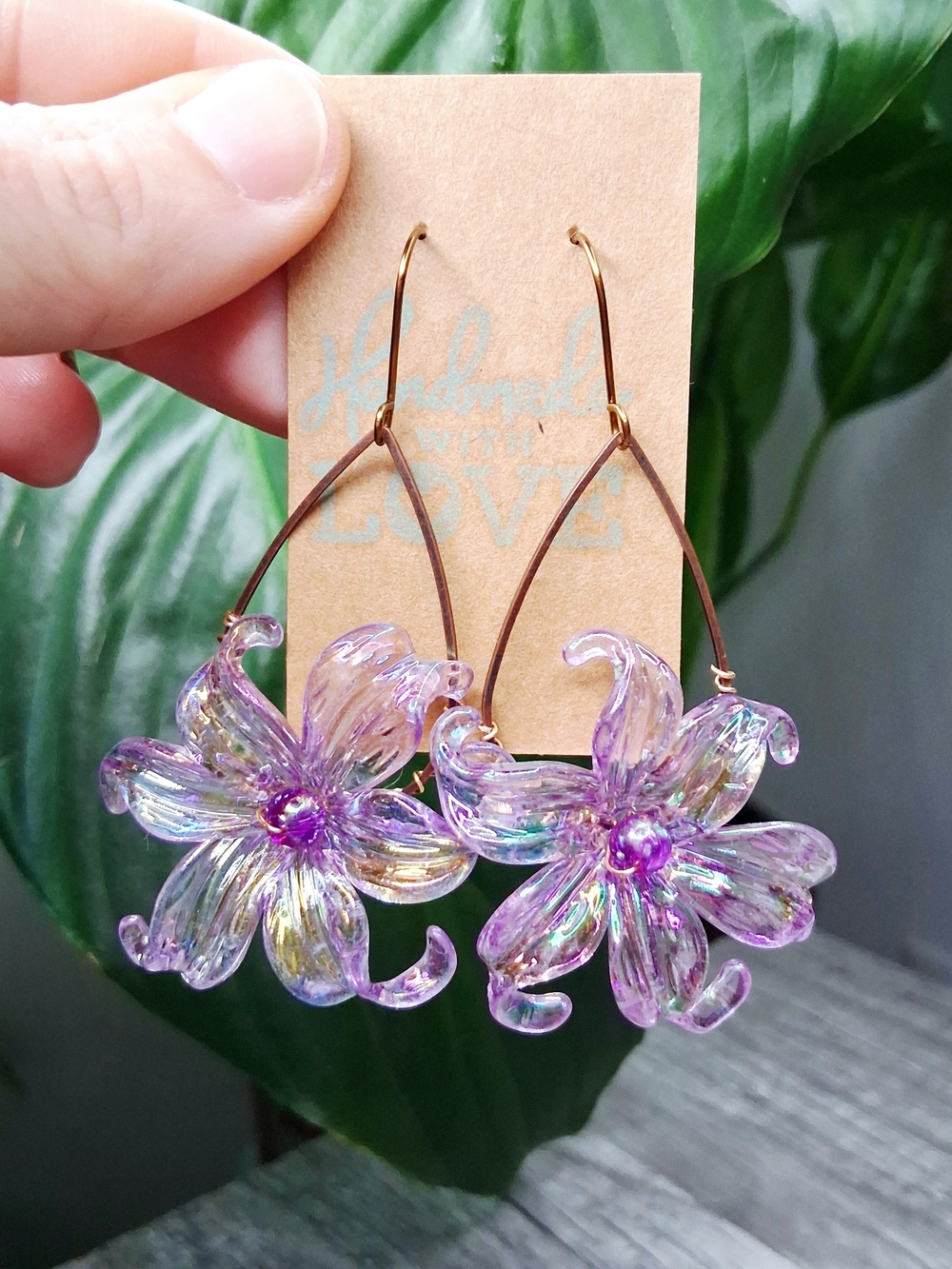 Iridescent Lilac Flower Hoop Teardrop Earrings